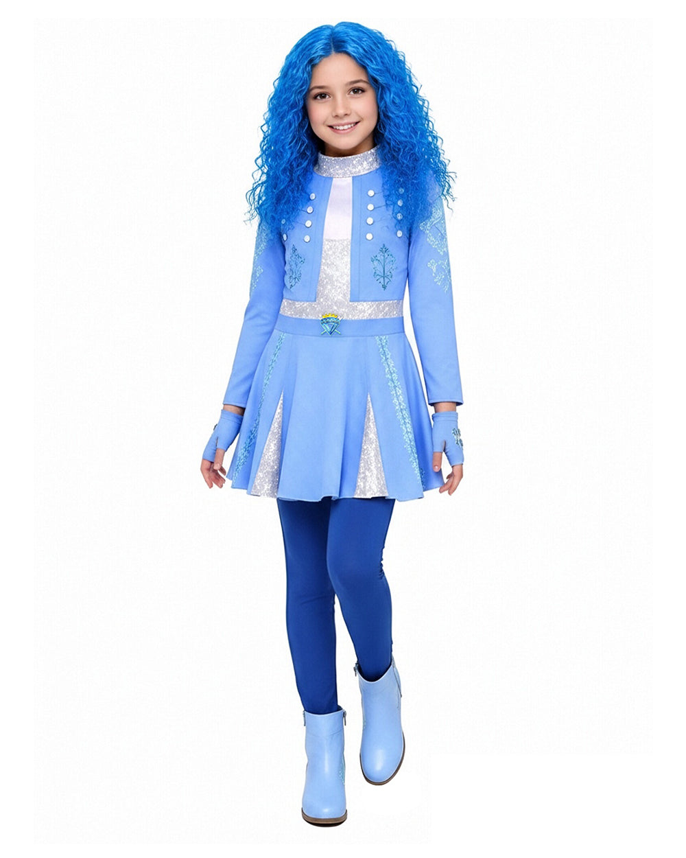 Girls Princess Chloe Costume Blue 2-in-1 Dress with Gloves and Wig for Cosplay Carnival 4-12Y