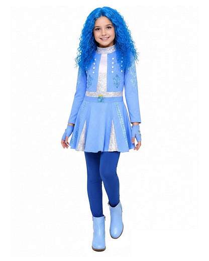 Girls Princess Chloe Costume Blue 2-in-1 Dress with Gloves and Wig for Cosplay Carnival 4-12Y