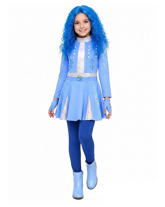 Girls Princess Chloe Costume Blue 2-in-1 Dress with Gloves and Wig for Cosplay Carnival 4-12Y