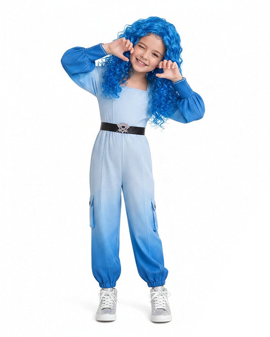 Girls Women Princess Chloe Costume Movie 5 Blue Ombre Jumpsuit with Belt for Cosplay Party