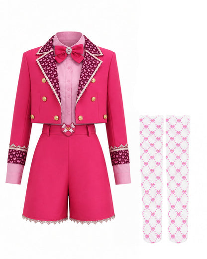 Pink Princess Costume Movie 5 Cropped Blazer Shorts Shirt and Accessories 6pcs Suit for Kids Adults Cosplay Events