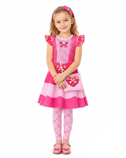 Girls Princess Pink Costume Heart Printed Dress Bag Leggings 3pcs Full Set for Halloween Party 4-12Y