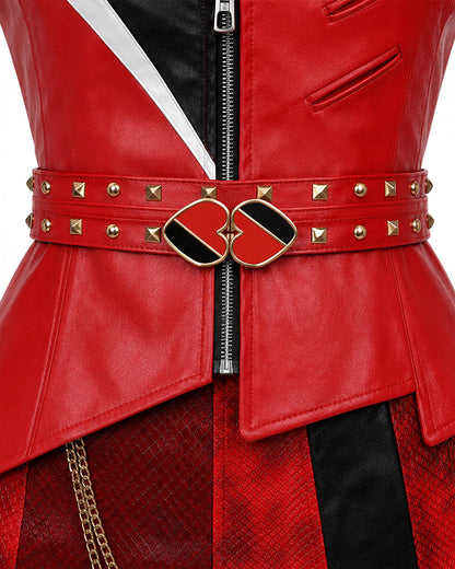 Girls Women Red Princess Costume PU Leather Jacket Skirt Pants and Accessories 6pcs Suit for Halloween Carnival