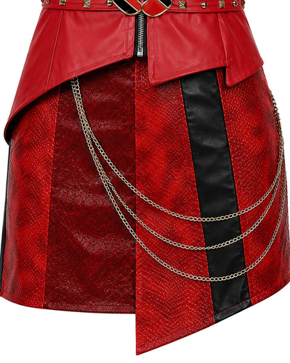 Girls Women Red Princess Costume PU Leather Jacket Skirt Pants and Accessories 6pcs Suit for Halloween Carnival