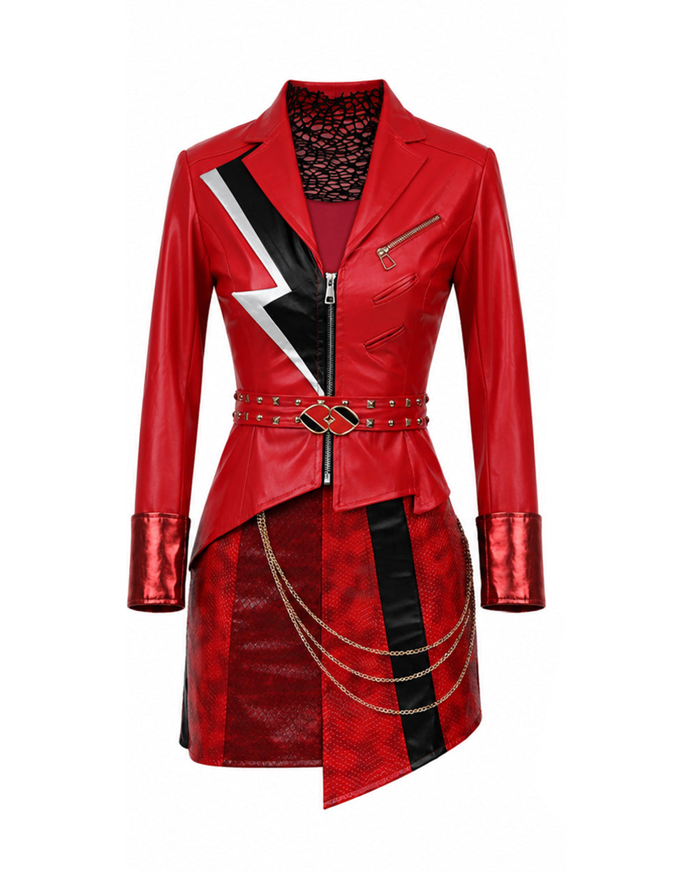Girls Women Red Princess Costume PU Leather Jacket Skirt Pants and Accessories 6pcs Suit for Halloween Carnival