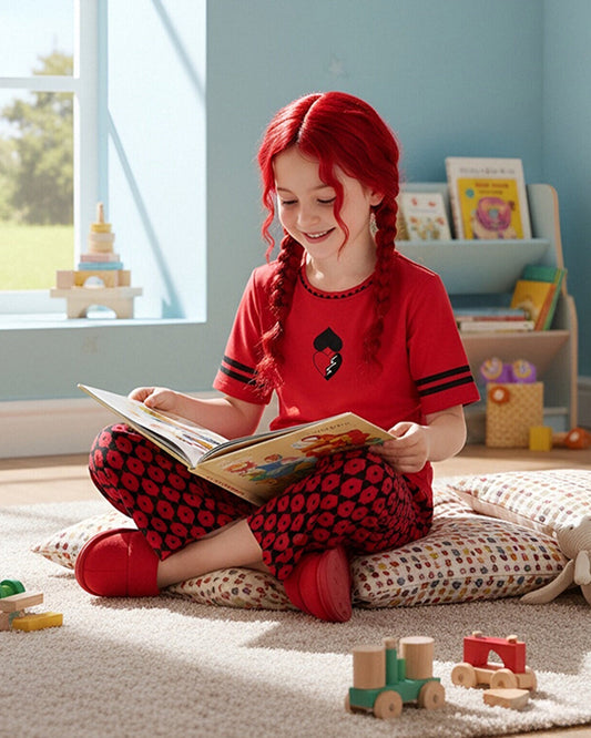 Princess Red Outfit Heart Printed T-shirt and Flared Pants for Kids Adults Dress Up Party Loungewear