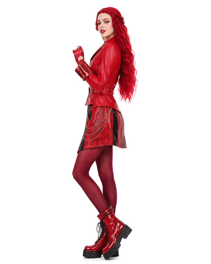 Girls Women Red Princess Costume PU Leather Jacket Skirt Pants and Accessories 6pcs Suit for Halloween Carnival