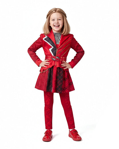Girls Red Princess Outfit Gothic Jacket Pants and Skirt Full Set for Halloween Role Play
