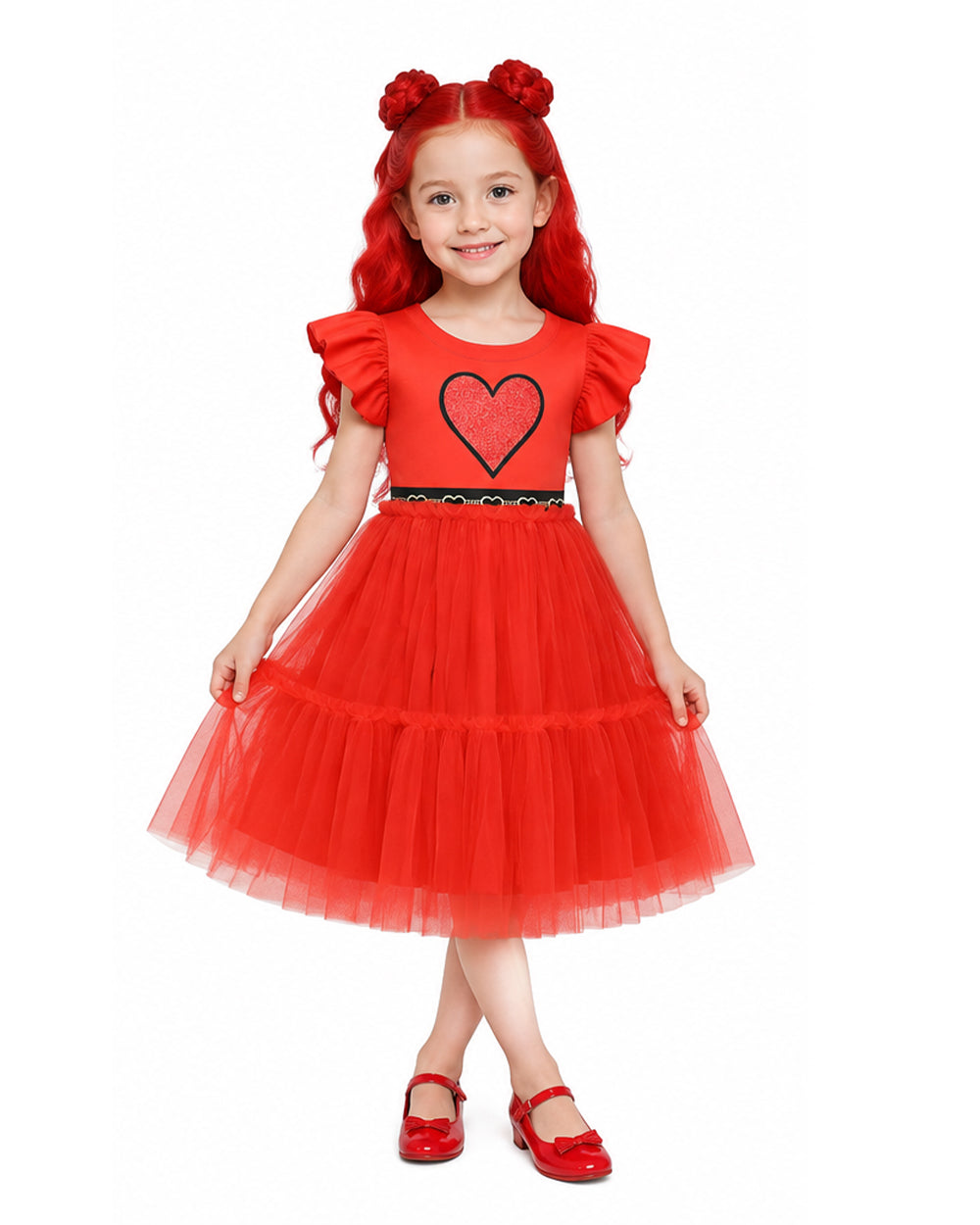 Girls Red Princess Dress Heart Print Flutter Sleeve Layered Tulle Dress for Halloween Cosplay