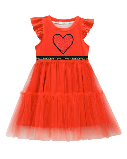 Girls Red Princess Dress Heart Print Flutter Sleeve Layered Tulle Dress for Halloween Cosplay