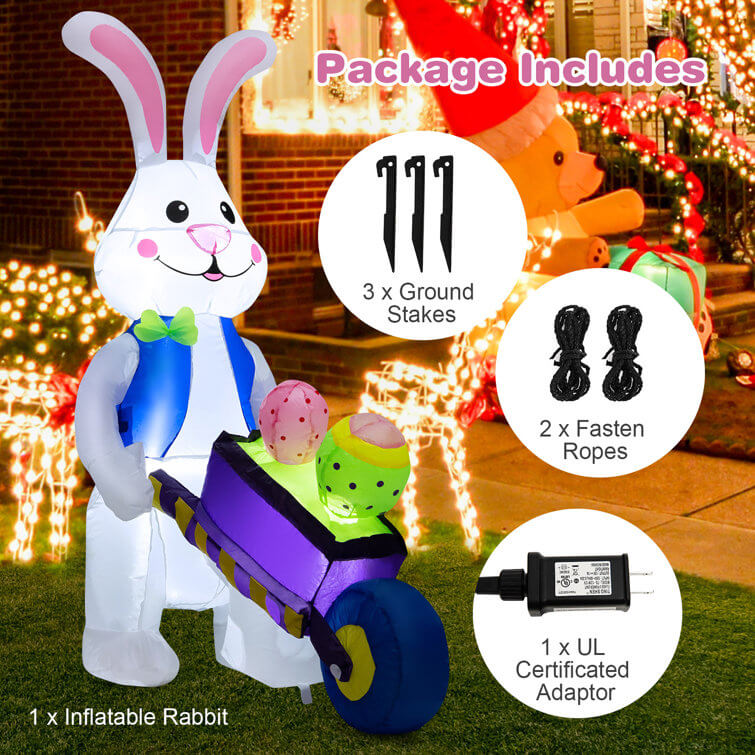 Decoración de conejo inflable de 6 pies de alto con luz, para exteriores, con canasta, para jardín o césped