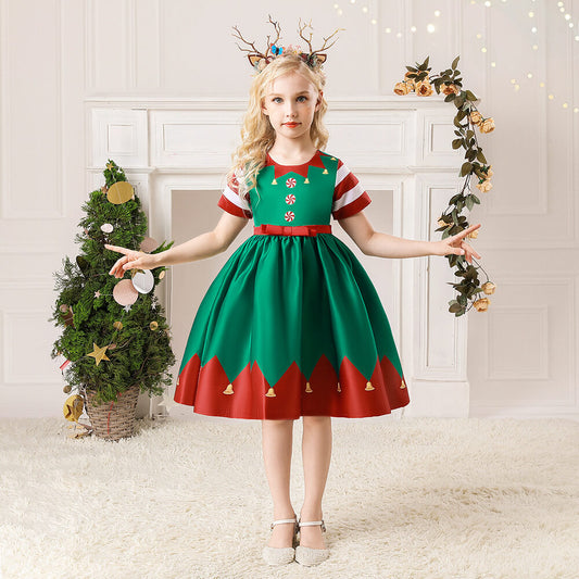 Kids Christmas Party Dress Grils New Year Party Costume Short Sleeve Ball Gown Dress