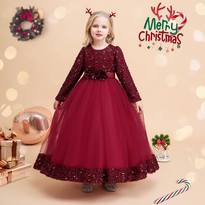 Girls Princess Party Dress Kids Sequin Outfit Party Clothes Long Sleeve Pageant Dresses