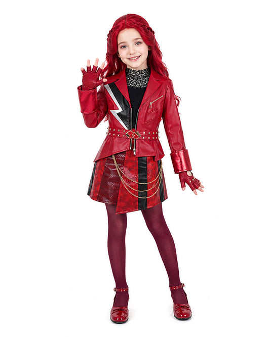 Girls Women Red Princess Costume PU Leather Jacket Skirt Pants and Accessories 6pcs Suit for Halloween Carnival
