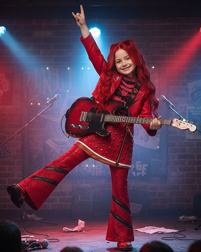 Kids Princess Red Costume Movie 5 Red Heart Cropped Tops Shirt Flared Pants and Skirt for Themed Party