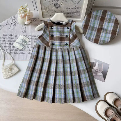Girls Blue And Brown Plaid Pleated Dress With Cap