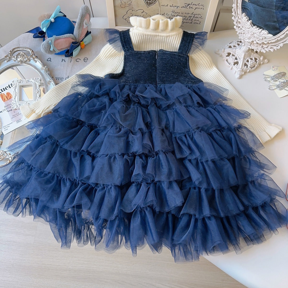 Girls Warm Bunny Cake Tutu Dress Blue Fleece-Lined Tiered Tulle Dress
