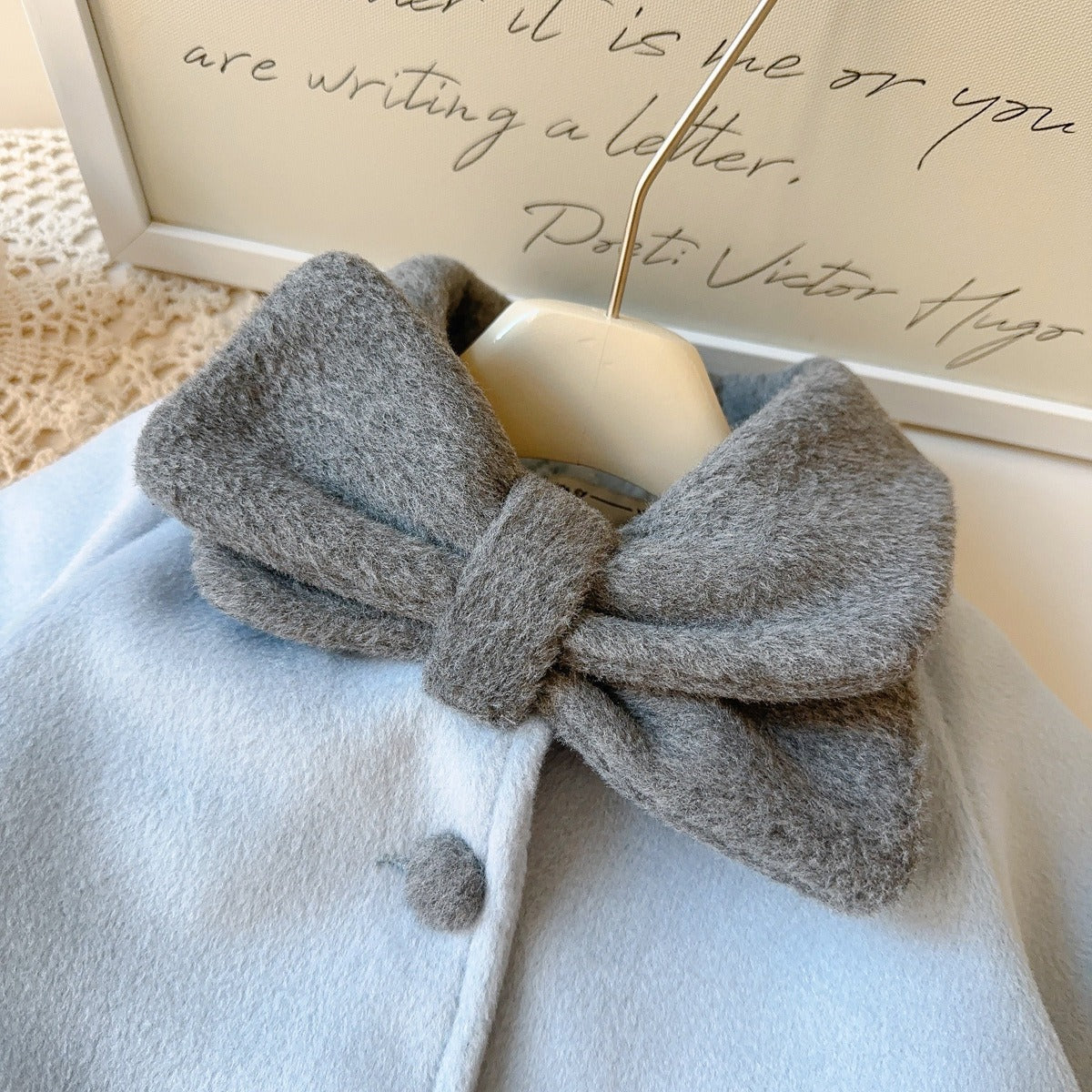 Girls Sky Blue Long Coat Thick Cotton-Padded Wool Blend Trench Jacket