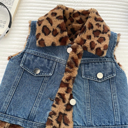Kids Warm Padded Denim Vest Boys Girls Trendy Leopard and Denim Sleeveless Coat