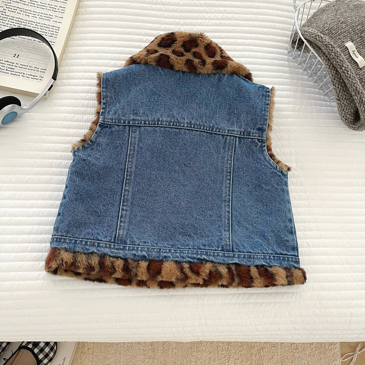 Gilet en jean chaud matelassé pour enfants, Manteau sans manches tendance en jean et léopard pour garçons et filles