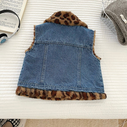 Kids Warm Padded Denim Vest Boys Girls Trendy Leopard and Denim Sleeveless Coat