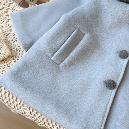 Girls Sky Blue Long Coat Thick Cotton-Padded Wool Blend Trench Jacket