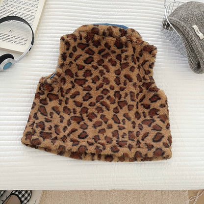 Kids Warm Padded Denim Vest Boys Girls Trendy Leopard and Denim Sleeveless Coat