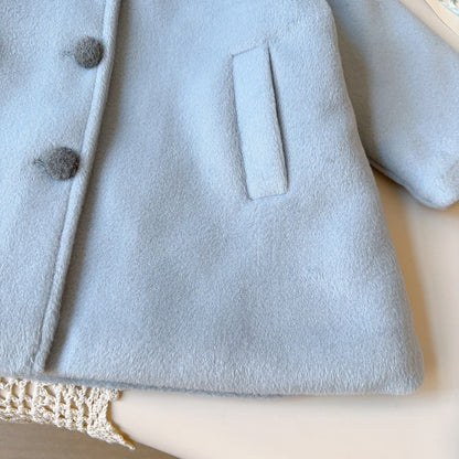 Girls Sky Blue Long Coat Thick Cotton-Padded Wool Blend Trench Jacket
