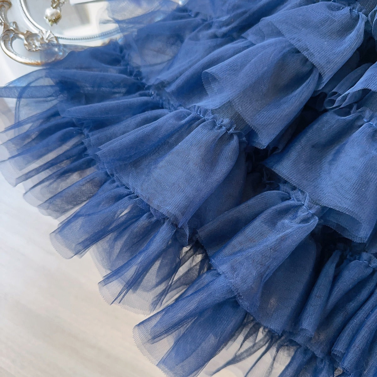 Girls Warm Bunny Cake Tutu Dress Blue Fleece-Lined Tiered Tulle Dress