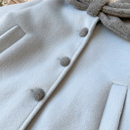 Girls Sky Blue Long Coat Thick Cotton-Padded Wool Blend Trench Jacket