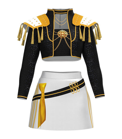 K-Pop Stage Performance Outfit Black & Gold Fringed Crop Top with White Skirt