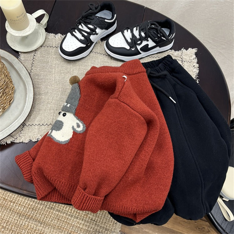 Haut en molleton rouge tricoté pour garçons, col rond, avec décor chien-au-chapeau
