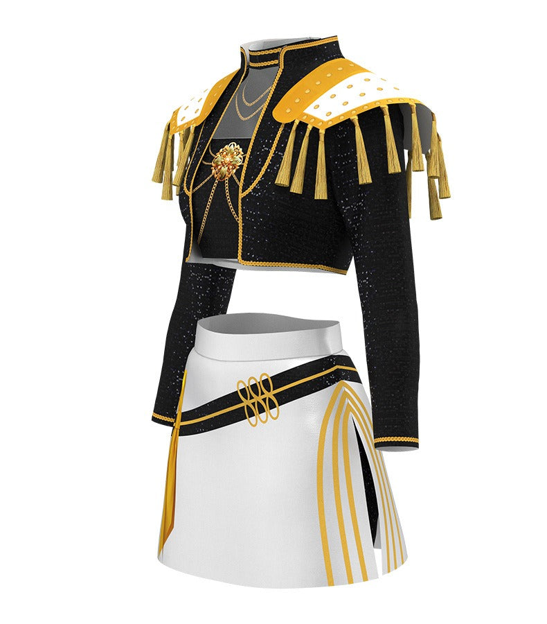 K-Pop Stage Performance Outfit Black & Gold Fringed Crop Top with White Skirt