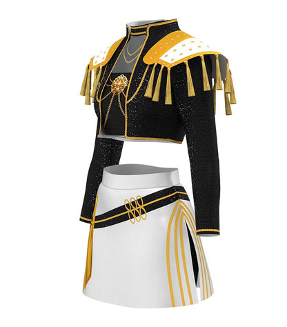 K-Pop Stage Performance Outfit Black & Gold Fringed Crop Top with White Skirt