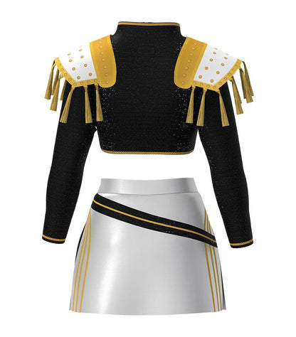K-Pop Stage Performance Outfit Black & Gold Fringed Crop Top with White Skirt