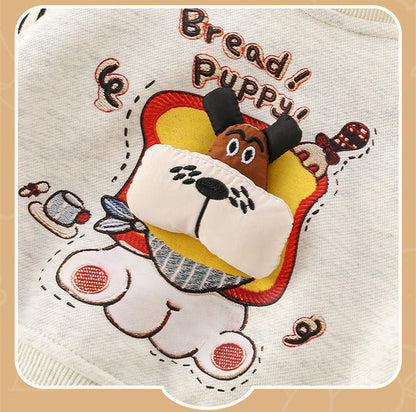 Baby Boy Two-Piece Set Outfit with 3D Dog Pattern Fleece-Lined Grey Pullover and Pants