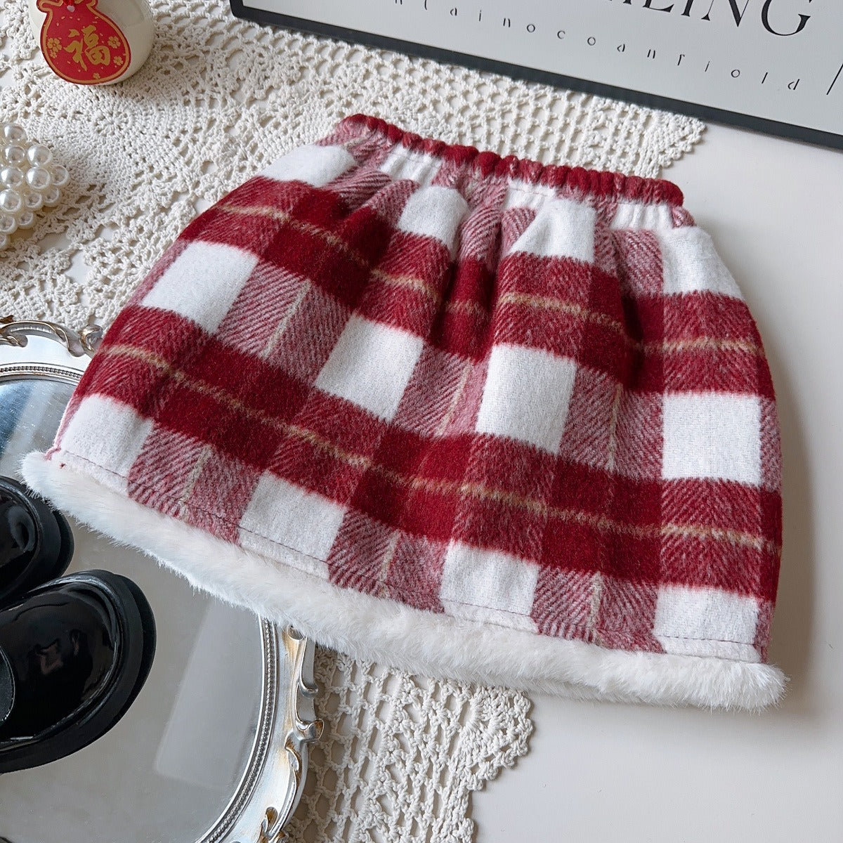 Girls Red Quilted Jacket and Plaid Skirt 2-Piece Set Festive Outfit (Age 2T-8)