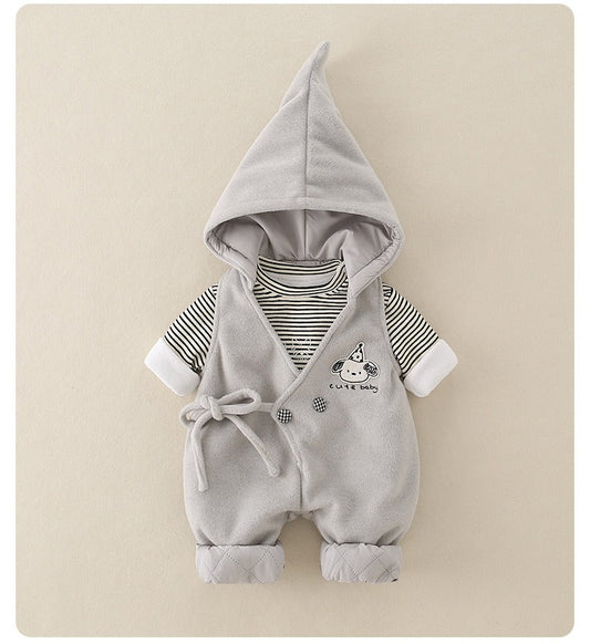 Conjunto de dos piezas para bebé (niño) con sudadera con capucha acolchada y pantalones con estampado de rayas y dibujos animados