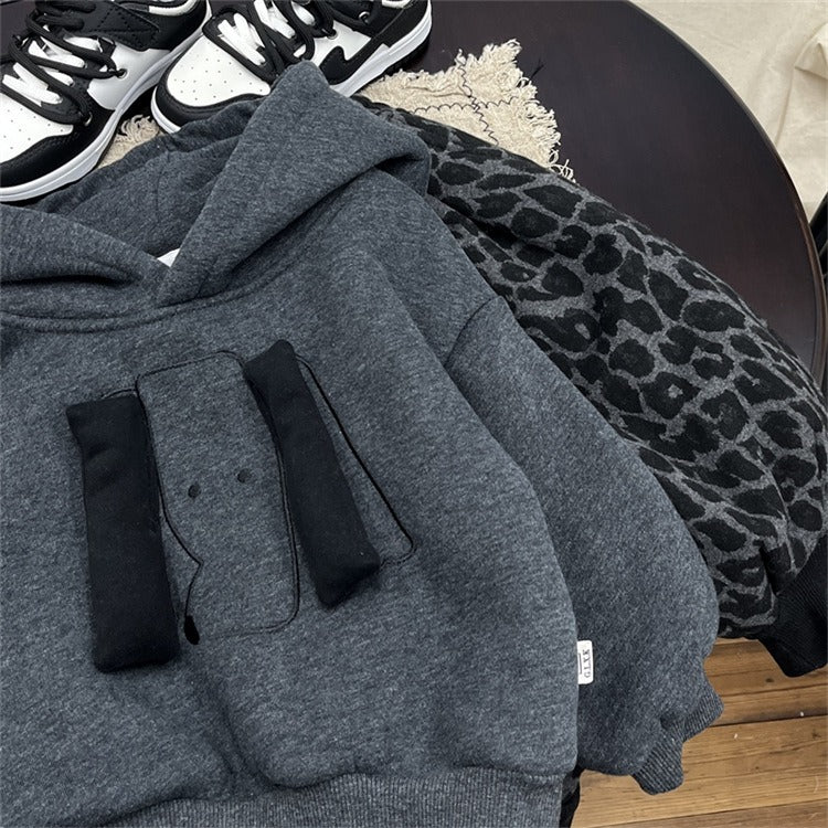 Boys Dark Grey Fleece Hoodie 3D Dog Decoration Pullover