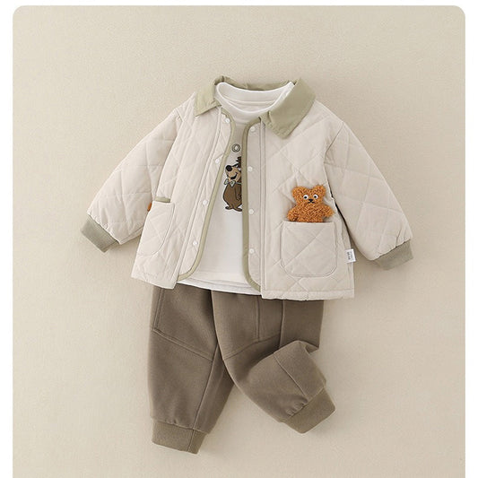Conjunto de 3 piezas para bebé niño: chaqueta acolchada con estampado de oso, camiseta de manga larga y pantalón