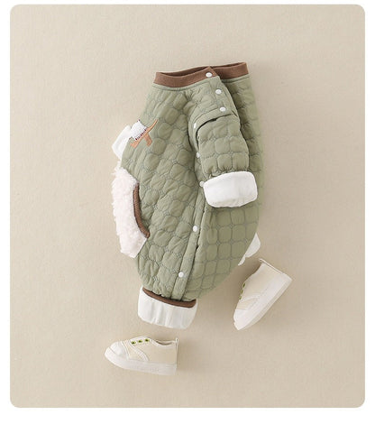 Green Quilted Baby Boys Romper Plush-Lined One-Piece with Cute Dog Pattern
