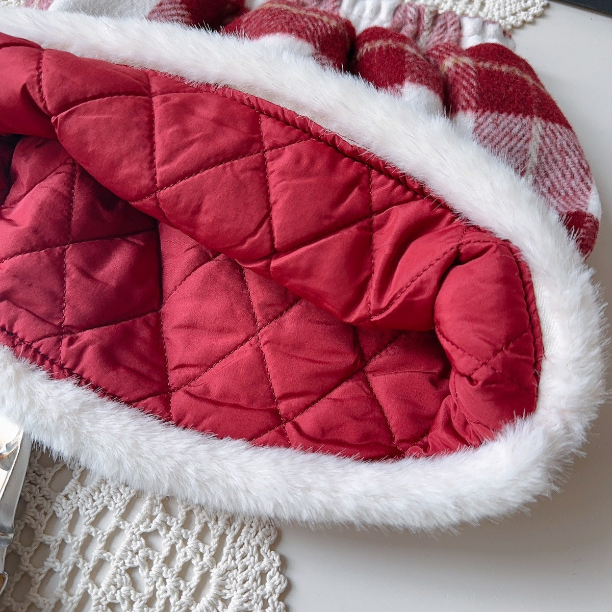 Girls Red Quilted Jacket and Plaid Skirt 2-Piece Set Festive Outfit (Age 2T-8)