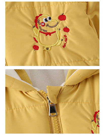 Yellow Baby Hooded Romper Cute Padded Jumpsuit with Cartoon Print