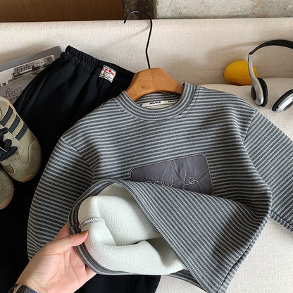 Boys Warm Long-sleeve Sweatshirt Fleece-Lined Striped Charcoal Gray Pullover