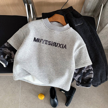 Boys Camo Sweatshirt Gray Fleece-Lined Pullover with Camouflage Sleeves