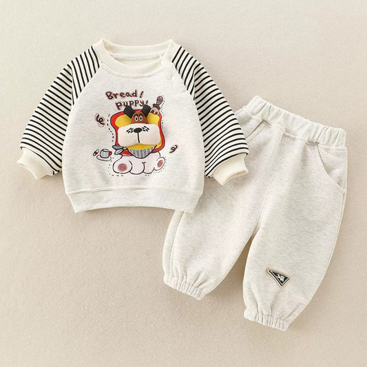Conjunto de dos piezas para bebé niño con estampado de perro en 3D, suéter y pantalones grises con forro polar