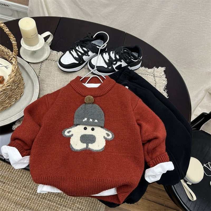 Haut en molleton rouge tricoté pour garçons, col rond, avec décor chien-au-chapeau