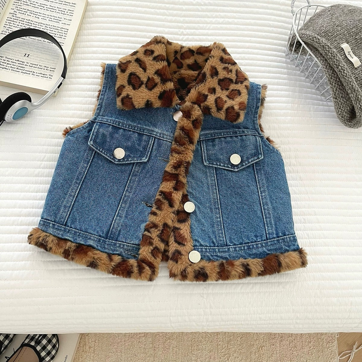 Gilet en jean chaud matelassé pour enfants, Manteau sans manches tendance en jean et léopard pour garçons et filles