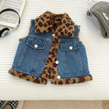 Kids Warm Padded Denim Vest Boys Girls Trendy Leopard and Denim Sleeveless Coat