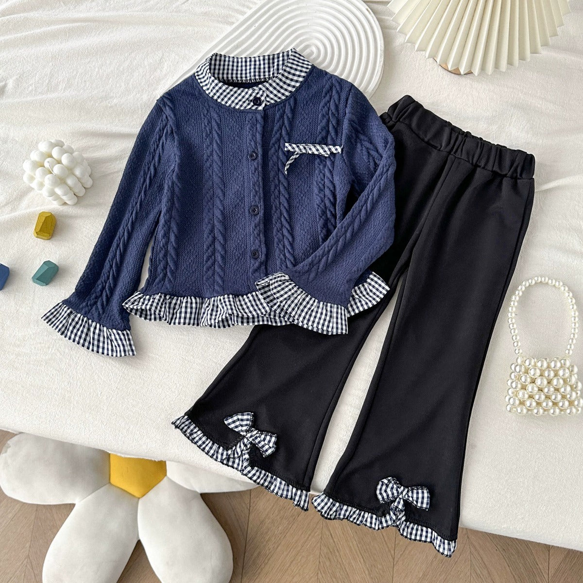 Ensemble 2 pièces mode fille gilet en maille bleu marine et pantalon évasé pour 2-8 ans